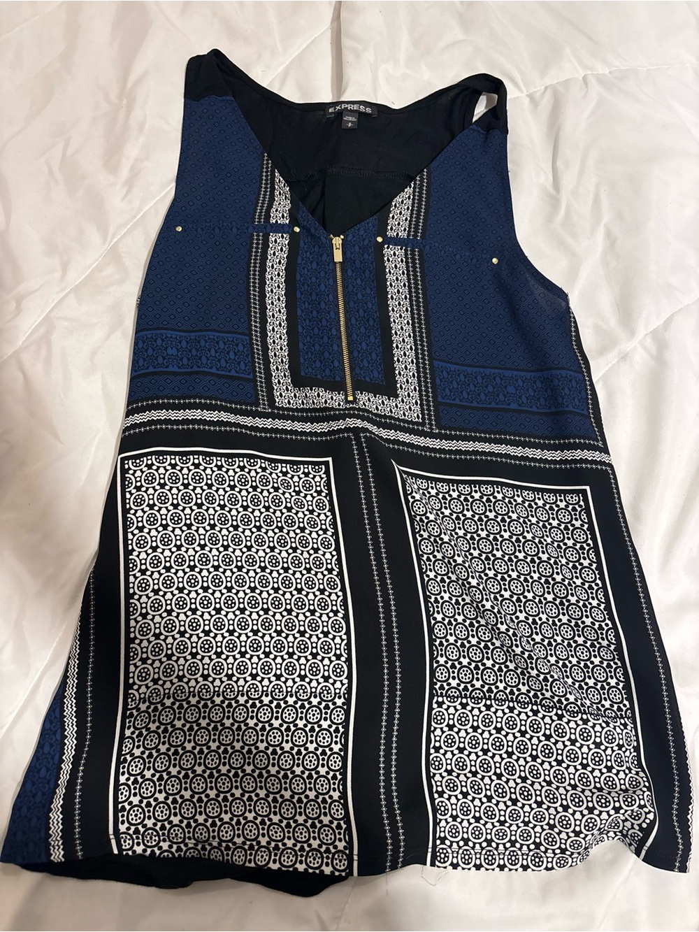 Express Navy, Black & White Patterned Zip-Front Tank Top